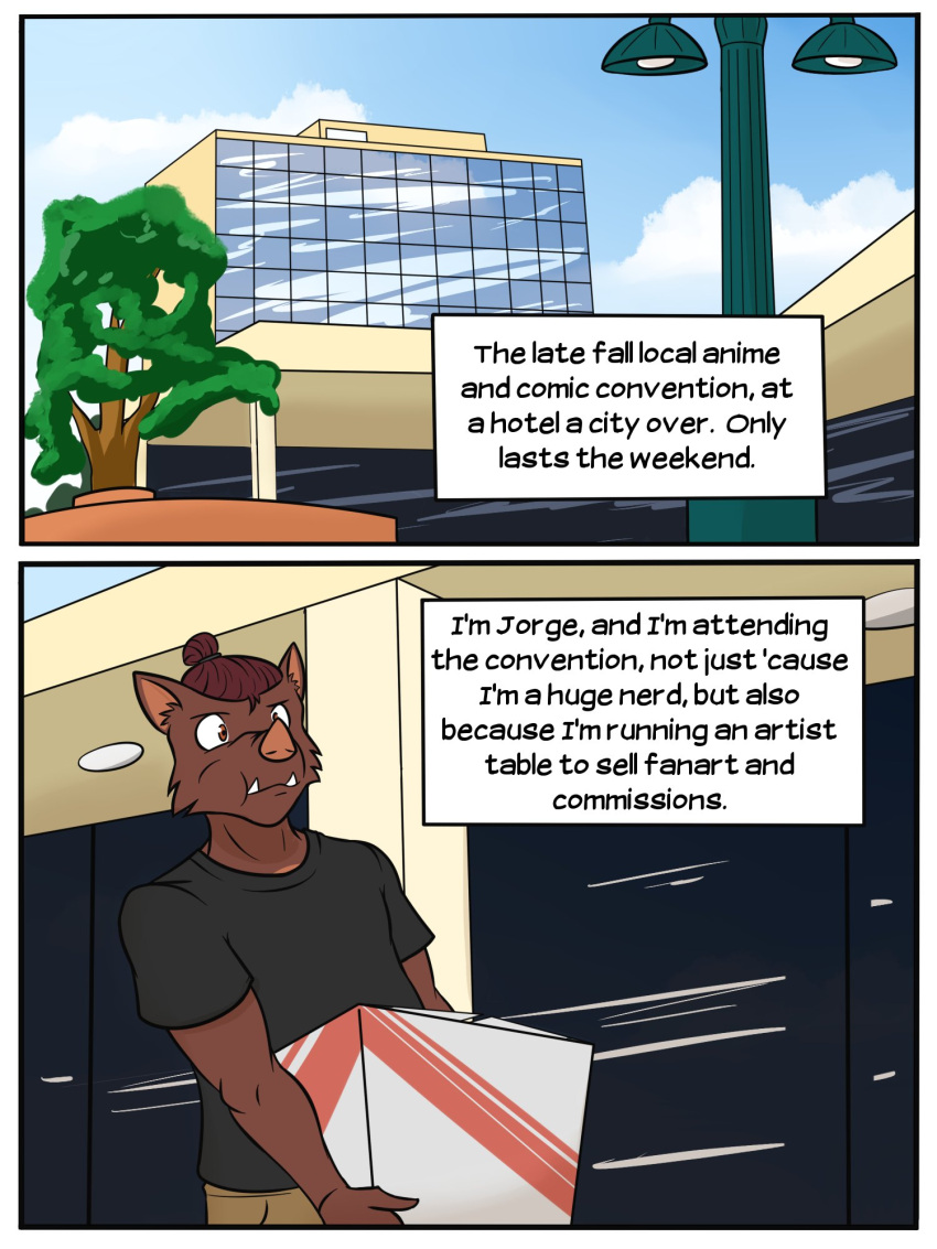 anthro clothed clothing comic english_text fully_clothed fuze hi_res holding_box hotel jorge_san_nicolas male mammal shirt solo suid suina sus_(pig) t-shirt texnatsu text topwear wild_boar