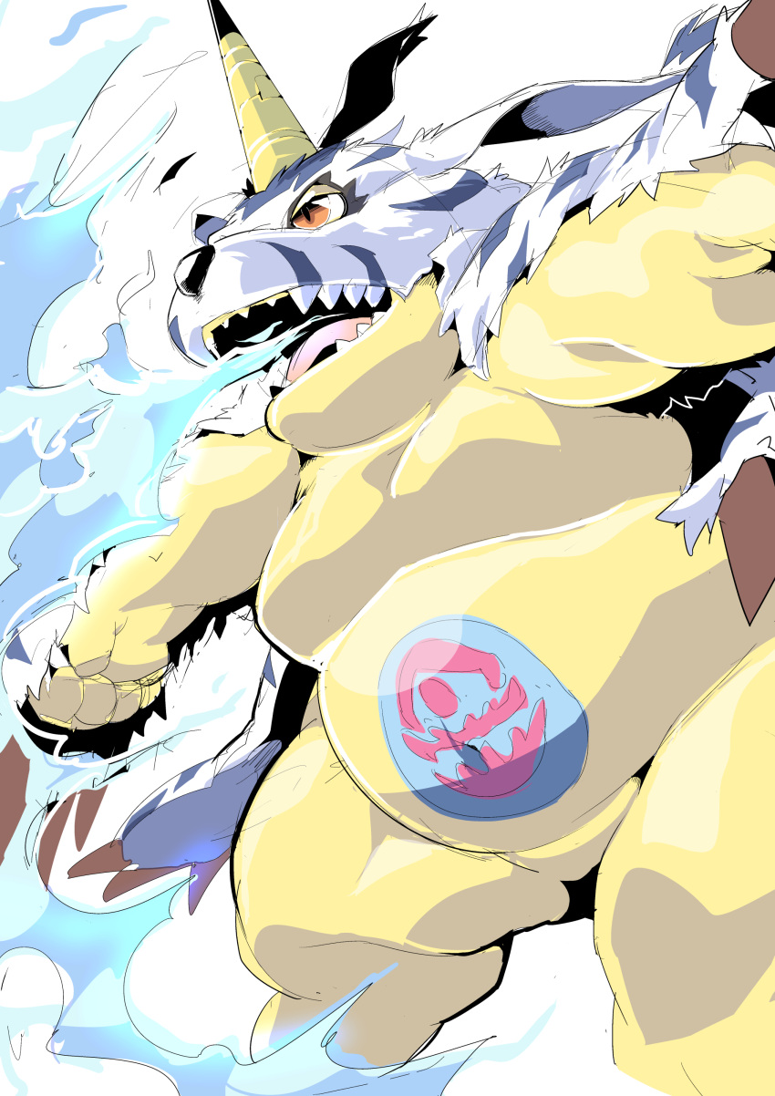 2021 absurd_res anthro belly biped blue_body blue_fur digimon digimon_(species) fur gabumon hi_res horn humanoid_hands kemono overweight sigenoya solo white_body white_fur