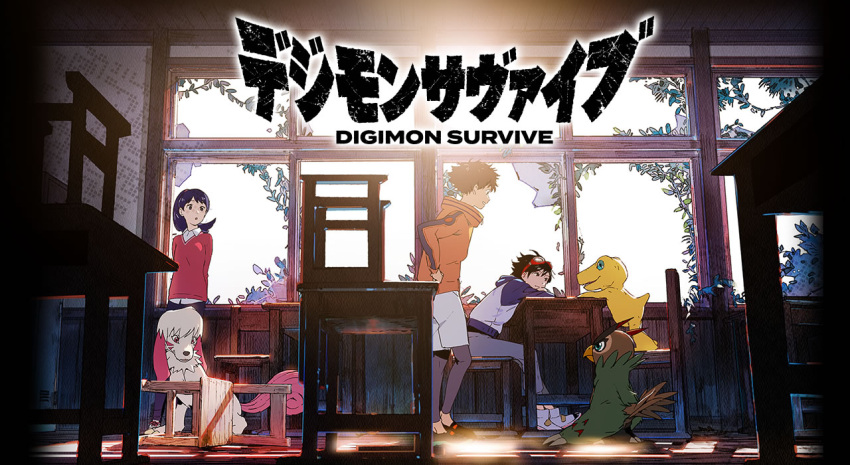 1girl 2boys :o agumon arms_behind_back bird black_eyes black_footwear black_hair black_legwear black_pants black_shirt blue_eyes blue_hair blue_jacket broken_window brown_eyes chair classroom claws collared_shirt creature day desk digimon digimon_(creature) digimon_survive dog facial_mark falcomon feathers fur goggles goggles_on_head green_eyes green_footwear grey_pants grey_shorts hand_on_hip hood hooded_jacket hyuuga_minoru indoors jacket key_visual labramon leggings logo looking_at_another momotsuka_takuma multiple_boys official_art open_mouth orange_jacket pants print_jacket red-framed_eyewear red_eyes red_vest school school_chair school_desk shibuya_aoi shirt shoes shorts sitting smile sneakers spiked_hair standing standing_on_chair sunlight tail teeth tongue ukumo_uichi vest vest_over_shirt white_footwear white_jacket white_shirt zipper_pull_tab