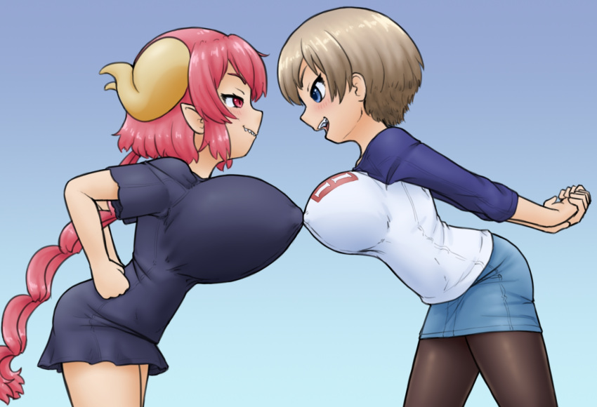 alloyrabbit animal_humanoid big_breasts blue_eyes bottomwear breasts clothing dragon dragon_humanoid erect_nipples grey_hair hair hana_uzaki hi_res horn huge_breasts human humanoid humanoid_pointy_ears iruru legwear macro mammal miss_kobayashi's_dragon_maid nipple_outline nipples pink_eyes pink_hair shirt skirt stockings topwear uzaki-chan_wa_asobitai!