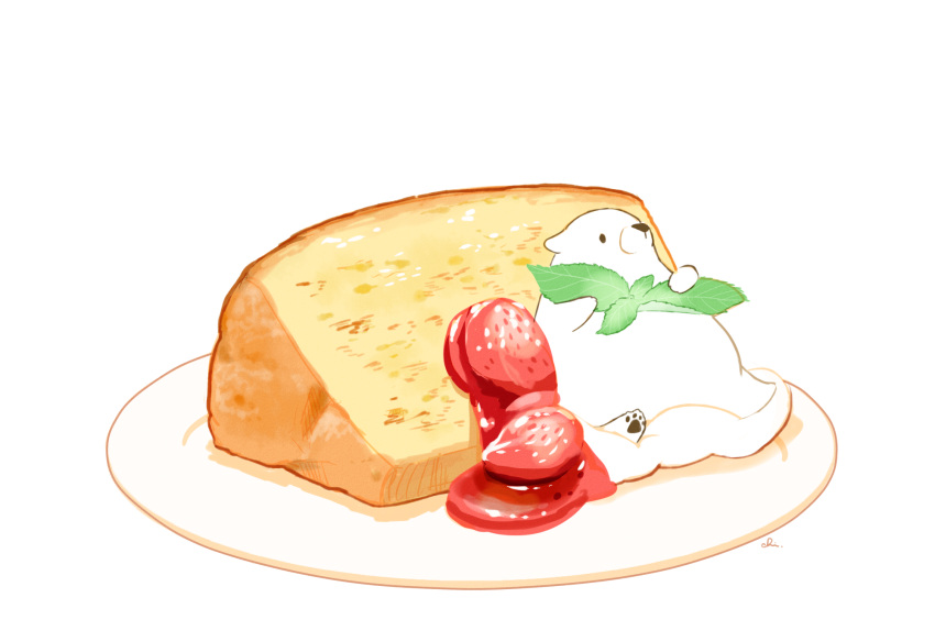 artist_name bear cake chai commentary cream food fruit highres mint no_humans original plate simple_background sitting_on_food sponge_cake strawberry white_background