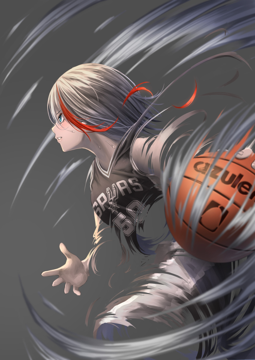 1girl absurdres admiral_graf_spee_(azur_lane) azur_lane basketball basketball_jersey basketball_uniform david_robinson green_hair grey_background highlights highres motion_lines multicolored_hair namesake national_basketball_association san_antonio_spurs sportswear sweatdrop yakkuro