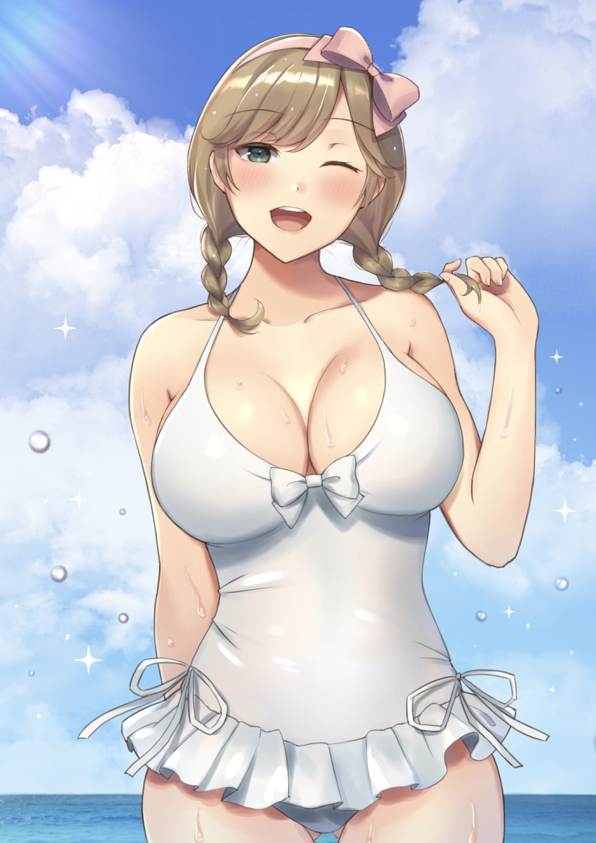 :d arm_at_side bare_arms bare_shoulders bow braid breasts brown_hair cleavage cloud collarbone commentary_request day green_eyes hair_bow haruka_(senran_kagura) highres horizon large_breasts lemonrou ocean one-piece_swimsuit one_eye_closed open_mouth outdoors senran_kagura sky smile swimsuit swimsuit_skirt swimwear twin_braids upper_teeth wet white_swimsuit