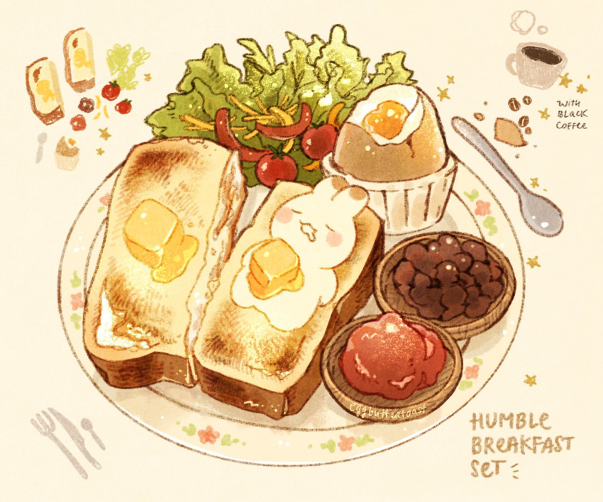 beans bread bread_slice bunny butter drooling egg eggshell english_text food food_focus fork halfboiled_egg highres knife lettuce nao_(bestrollever) no_humans original plate saucer simple_background spoon still_life utensil vegetable