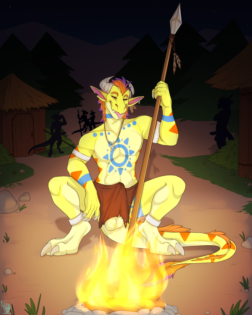 2021 alcitron anthro background_character balls bodily_fluids bottomwear claws clothing detailed_background digital_media_(artwork) dragon ear_piercing earth_dragon electroporn erection fire fur genital_fluids genitals grass hair hi_res horn hut loincloth looking_at_viewer male melee_weapon muscular muscular_anthro muscular_male outside penis piercing plant polearm precum presenting_balls rock smile solo spear stones tattoo toe_claws tongue tongue_out tree tribal tribe weapon