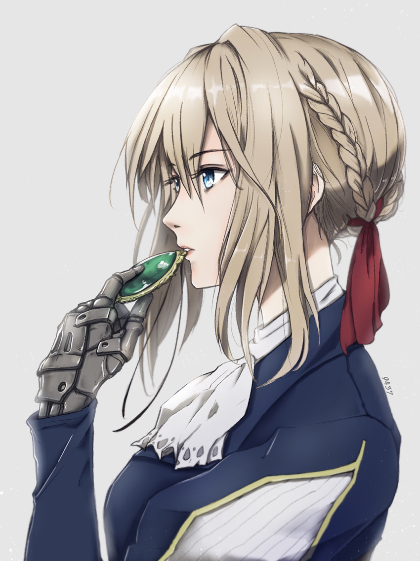 1girl blonde_hair blue_eyes blue_jacket bow braid brooch french_braid from_side green_brooch hair_ribbon hand_up highres jacket jewelry long_sleeves parted_lips portrait prosthetic_hand puffy_sleeves red_ribbon ribbon shadowhime simple_background solo violet_evergarden violet_evergarden_(character) white_background