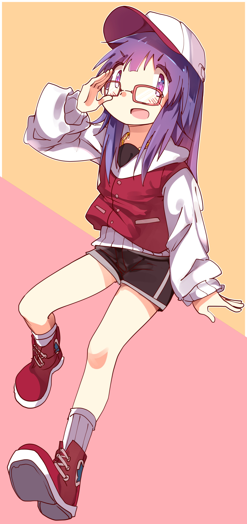 1girl absurdres arm_support bangs bare_legs baseball_cap bespectacled black_shorts blush chain commentary english_commentary full_body glasses hand_on_eyewear hat highres hinata_yukari hood hood_down hooded_jacket jacket long_hair long_sleeves looking_at_viewer majormilk open_mouth orange_background outline pink_background purple_eyes purple_hair red-framed_eyewear red_footwear shiny shiny_hair shorts simple_background socks solo two-tone_background two-tone_jacket white_headwear white_legwear white_outline yuyushiki