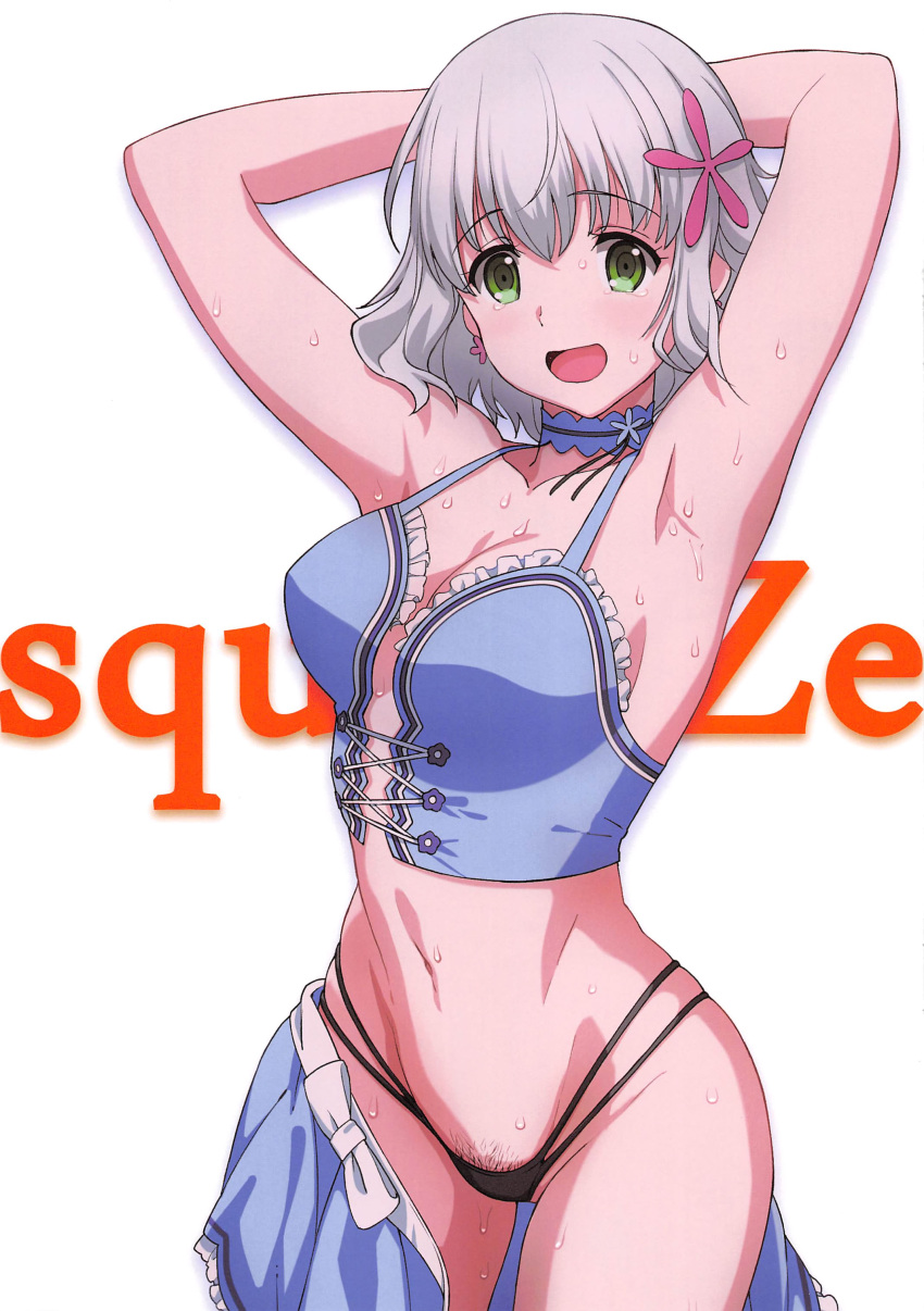 1girl a1 absurdres amagi_brilliant_park armpits arms_behind_back arms_up black_panties blue_hair blue_neckwear blush breasts choker cleavage collarbone eyebrows_visible_through_hair flower green_eyes groin hair_flower hair_ornament highres large_breasts looking_at_viewer muse_(amaburi) navel open_mouth panties shiny shiny_hair short_hair simple_background skindentation smile solo standing sweat thong underwear white_background