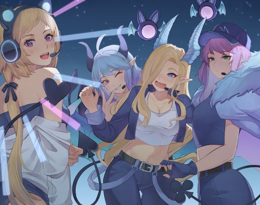 4girls absurdres animal_ears breasts chosen_one's_archpriestess_veronica cleavage club_(shape) demon_girl diamond_(shape) fake_animal_ears fingerless_gloves gloves grand_admiral_marina guardian_tales headset heart highres horns idol midriff multiple_girls noble_succubus_bianca off_shoulder rezypm spade_(shape) standing succubus_adventurer_yuze tagme