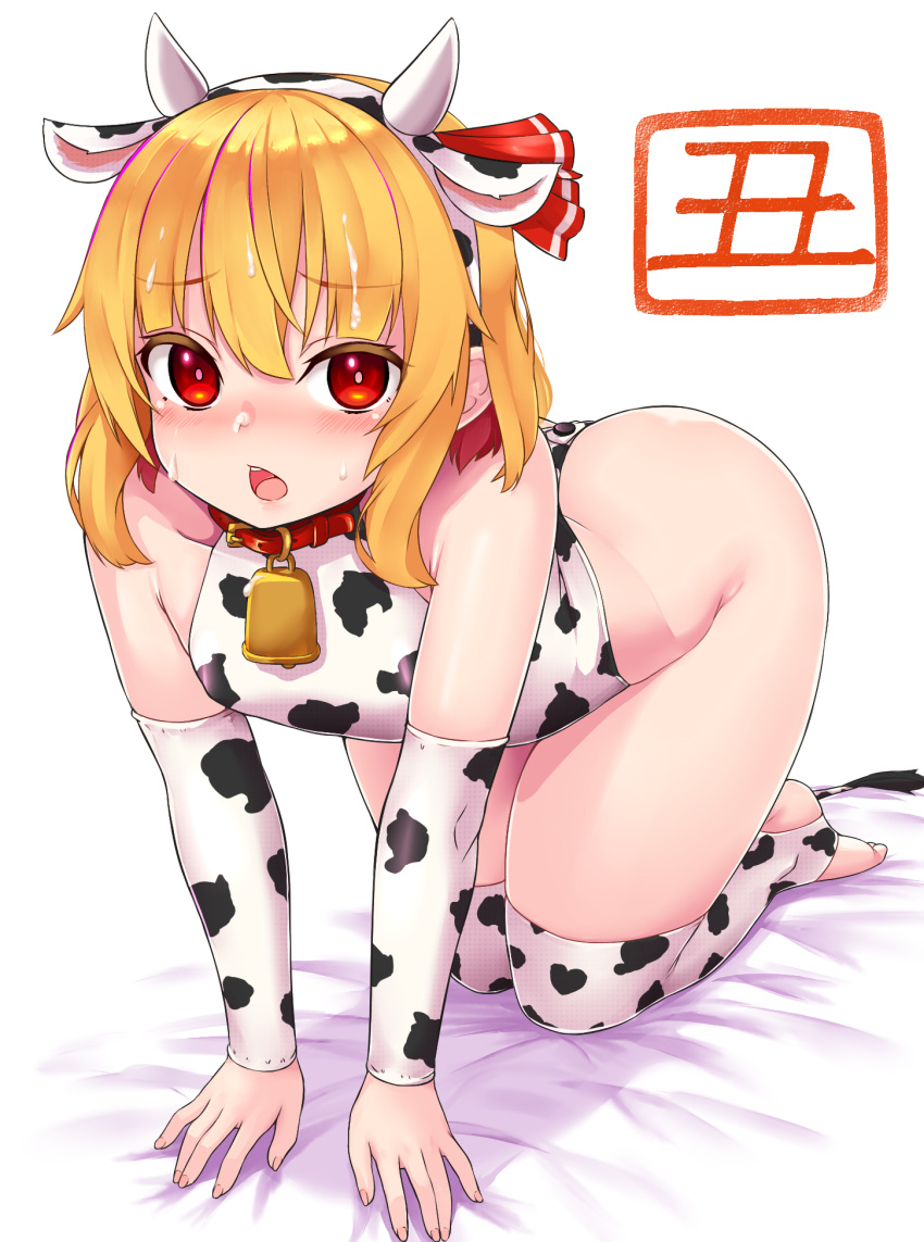 1girl all_fours alternate_costume animal_ears animal_print arm_warmers ass bad_anatomy bangs bare_shoulders blonde_hair blush breasts bright_pupils collarbone commentary_request cow_ears cow_horns cow_print cow_tail cum cum_on_hair facial fake_animal_ears feet fingernails hair_between_eyes hair_ribbon hairband highres horns looking_at_viewer nose_blush open_mouth red_eyes red_ribbon ribbon rumia shiron_(e1na1e2lu2ne3ru3) short_hair simple_background small_breasts solo tail thighhighs touhou white_background white_hairband white_legwear