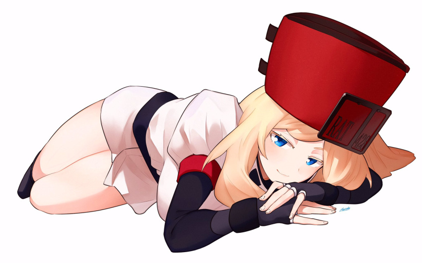 1girl belt black_gloves blonde_hair blue_eyes elbow_gloves fingerless_gloves gloves guilty_gear guilty_gear_xrd hat highres long_hair looking_at_viewer lying millia_rage on_side ryusei_hashida simple_background smile solo white_background