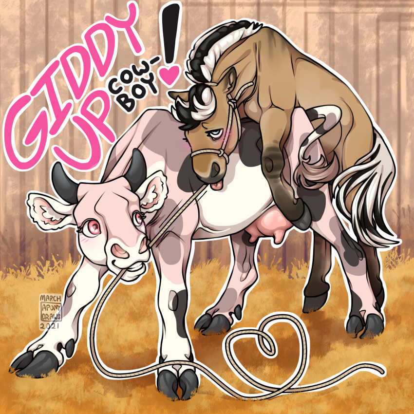 &lt;3 2021 a-pony a_pony black_and_white_hair black_hair black_spots blue_eyes blush bovid bovine brown_body brown_fur brown_spots cattle cloven_hooves countershading digital_drawing_(artwork) digital_media_(artwork) draft_horse duo english_text equid equine eye_roll female female_penetrated feral feral_on_feral fjord_horse from_behind_position fur grey_body grey_hooves grey_horn grey_nose grey_skin hair halter hi_res hooves horn horse horse_mane horse_tail larger_penetrated male male/female male_penetrating male_penetrating_female mammal mane mounting multicolored_hair penetration pink_body pink_eyes pink_fur pink_nose pink_skin power_bottom rope sex shaded signature size_difference smaller_male smile spots standing standing_sex tail_aside tan_body tan_fur teats text tongue tongue_out two_tone_hair two_tone_tail udders white_hair