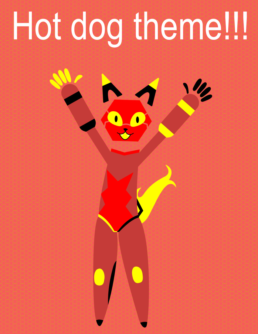 ! absurd_res ambiguous_gender anthro arms_above_head e621 esix felid hexagon hi_res looking_at_viewer mammal mascot redcrystal simple_background solo text yellow_eyes