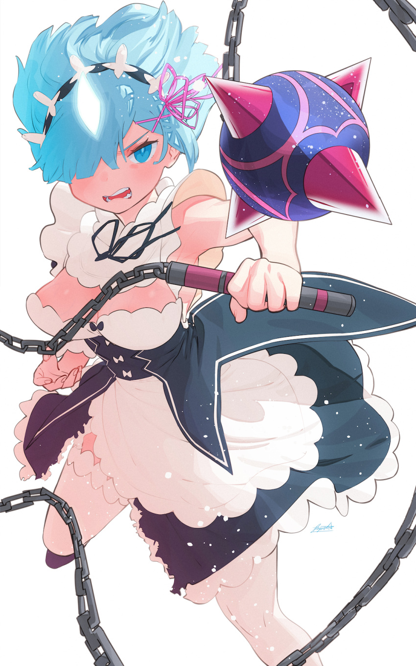 1girl apron ball_and_chain_(weapon) black_dress blue_eyes blue_hair bouncing_breasts breasts dress floating_hair frown glowing_horns hair_over_one_eye hair_ribbon highres holding holding_weapon horns jumping large_breasts looking_at_viewer maid maid_headdress medium_hair one_eye_covered open_mouth pink_ribbon re:zero_kara_hajimeru_isekai_seikatsu rem_(re:zero) ribbon ryusei_hashida signature simple_background single_horn slit_pupils solo thighhighs waist_apron weapon white_apron white_background white_legwear