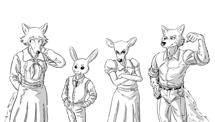 2021 anthro beastars black_and_white canid canine canis cervid cervine clothed clothing crossed_arms crossgender female ffog flexing ftm_crossgender fully_clothed group haru_(beastars) hi_res juno_(beastars) lagomorph legoshi_(beastars) leporid louis_(beastars) male mammal monochrome mtf_crossgender rabbit red_deer school_uniform shirt standing topwear uniform vest wolf