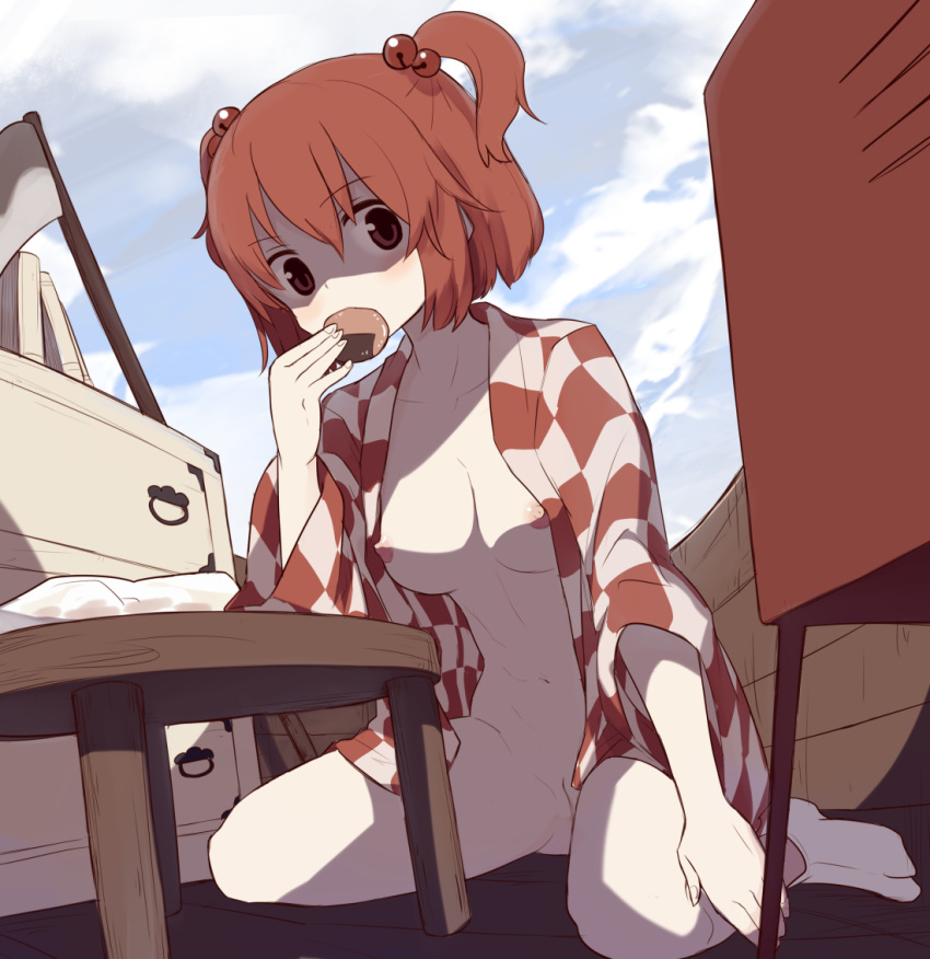 1girl alternate_costume bangs blush boat boat_interior book bottomless breasts checkered checkered_kimono cloud commentary_request cookie_(touhou) eating eyebrows_visible_through_hair full_body hair_between_eyes hair_bobbles hair_ornament japanese_clothes kimono long_sleeves looking_at_viewer medium_breasts miyako_(naotsugu) navel nipples no_shoes onozuka_komachi pussy red_eyes red_hair red_kimono scythe senbei shaded_face shelf shishou_(cookie) short_hair sitting socks solo table touhou two_side_up wariza watercraft white_kimono white_legwear wide_sleeves