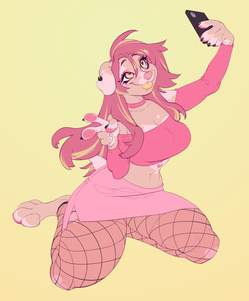 absurd_res anthro big_breasts biped bottomwear breasts canid canine clothing female fishnet fishnet_legwear hair hi_res kneeling legwear long_hair looking_up mammal peace_signs phone selfie simple_background skirt smile takiminada tongue tongue_out topwear tube_top