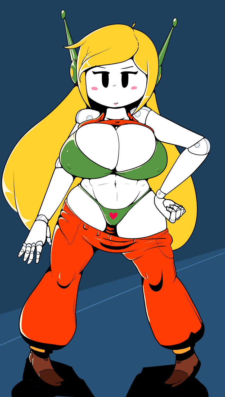 2017 abs absurd_res android big_breasts blonde_hair blue_background blush blush_stickers bottomwear bra breasts cave_story clothed clothing clothing_lift curly_brace earwear female footwear front_view green_clothing green_underwear grey_body hair hand_on_hip heart_panties hi_res huge_breasts humanoid long_hair looking_at_viewer machine midriff navel panties pants pants_down partially_clothed red_bottomwear red_clothing red_pants red_shirt red_topwear robot robot_humanoid royaloppai shirt shirt_lift shoes simple_background simple_eyes solo standing topwear underwear video_games white_body