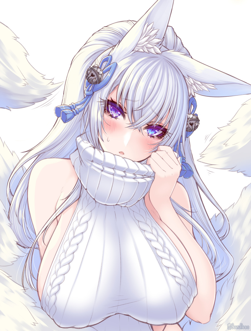 akamaru animal_ears erect_nipples heterochromia kitsune no_bra sweater tail