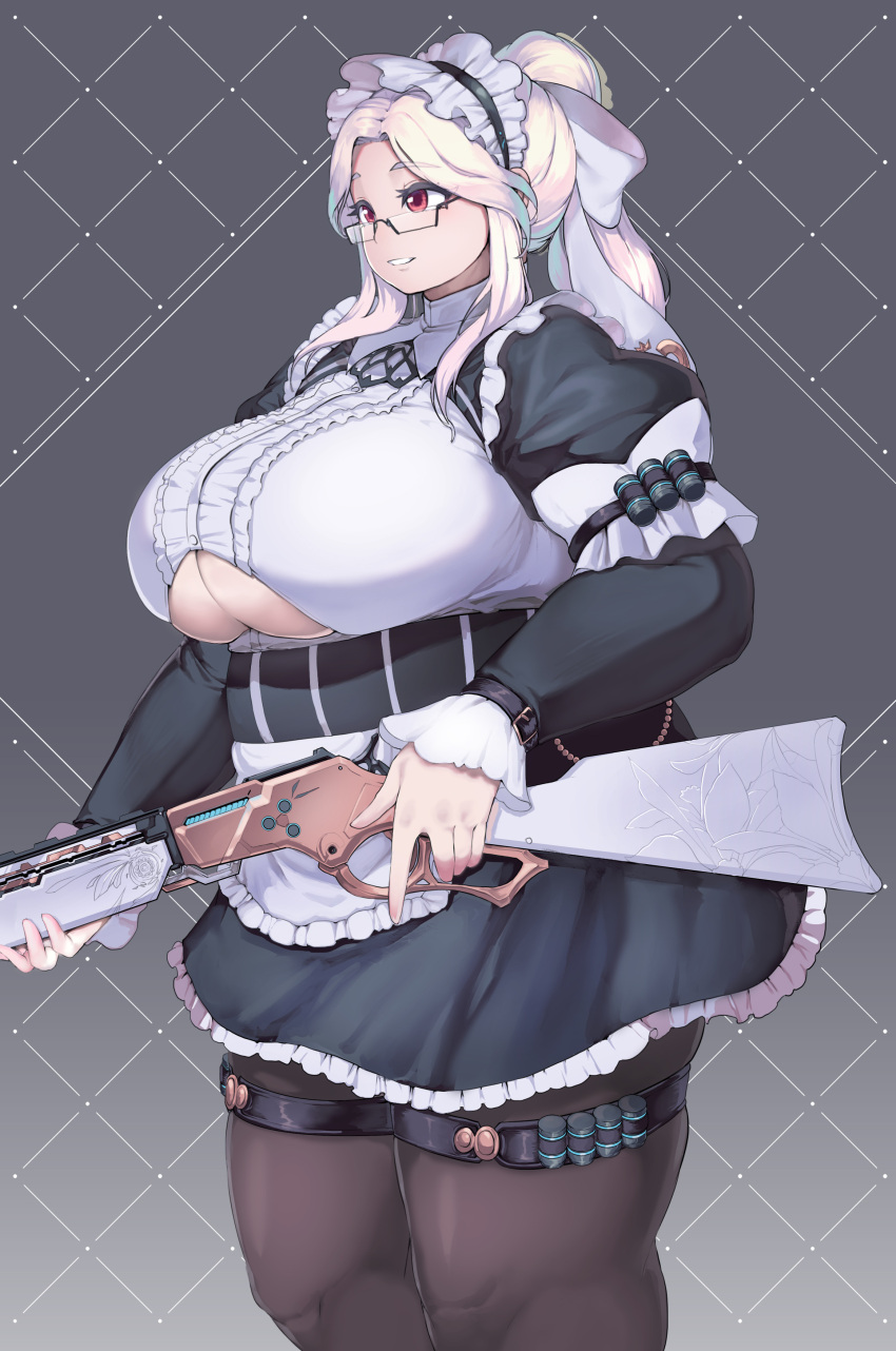 1girl absurdres black_skirt blonde_hair bow breasts buckle constantia_s2 constantia_s2_(cosplay) cosplay eyebrows_visible_through_hair feet_out_of_frame frilled_skirt frills garters glasses gun hair_bow highres holding holding_weapon last_origin lever_action long_sleeves maid maid_headdress plump prototype_labiata rectangular_eyewear red_eyes semi-rimless_eyewear sidelocks skindentation skirt sleeve_garter solo tagme tajyador thick_thighs thighs under-rim_eyewear weapon