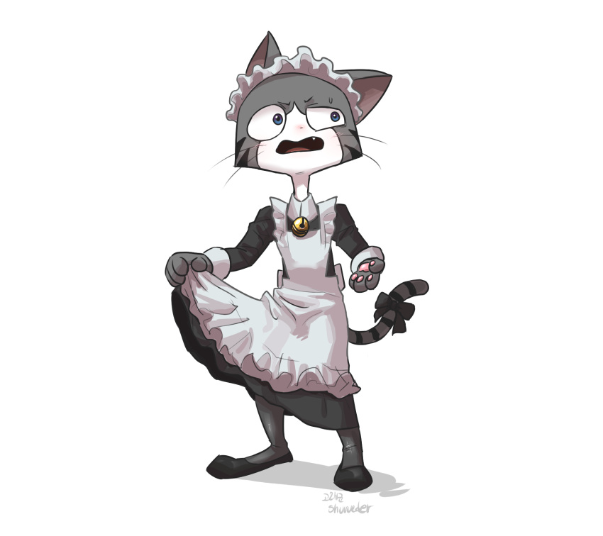 2016 alpha_channel anthro apron bell blue_eyes blush clothed clothing crossdressing domestic_cat dress felid feline felis grey_body hi_res maid_uniform male mammal open_mouth ribbons shurueder simple_background solo standing tail_ribbon transparent_background uniform whiskers