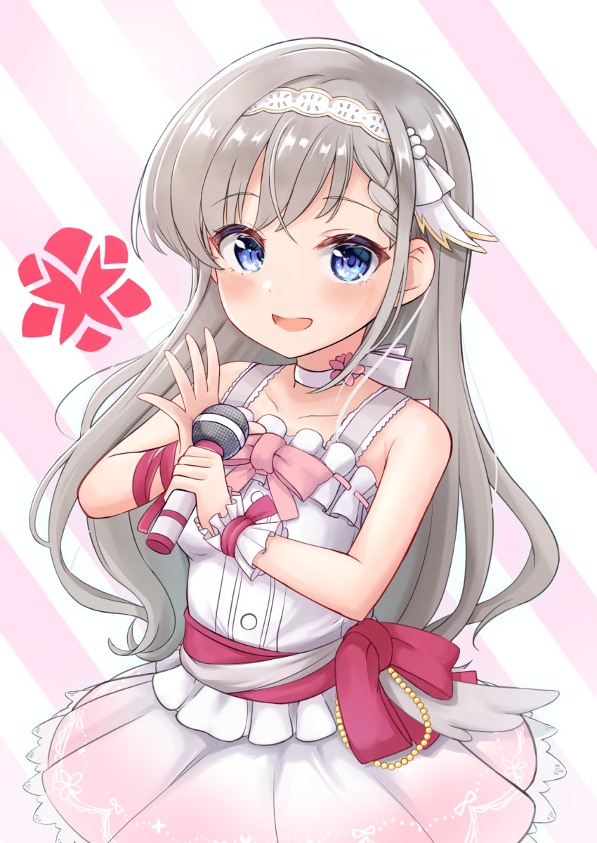 1girl :d bangs bare_shoulders blue_eyes blush braid braided_bangs breasts choker collarbone commentary_request cosplay diagonal_stripes eyebrows_visible_through_hair grey_hair hairband highres hisakawa_hayate holding holding_microphone idolmaster idolmaster_cinderella_girls idolmaster_cinderella_girls_starlight_stage idolmaster_shiny_colors long_hair looking_at_viewer medium_breasts microphone mitsumine_raimu oosaki_amana open_mouth pink_skirt pleated_skirt ribbon_trim single_wrist_cuff skirt smile solo striped striped_background very_long_hair white_choker white_hairband wrist_cuffs