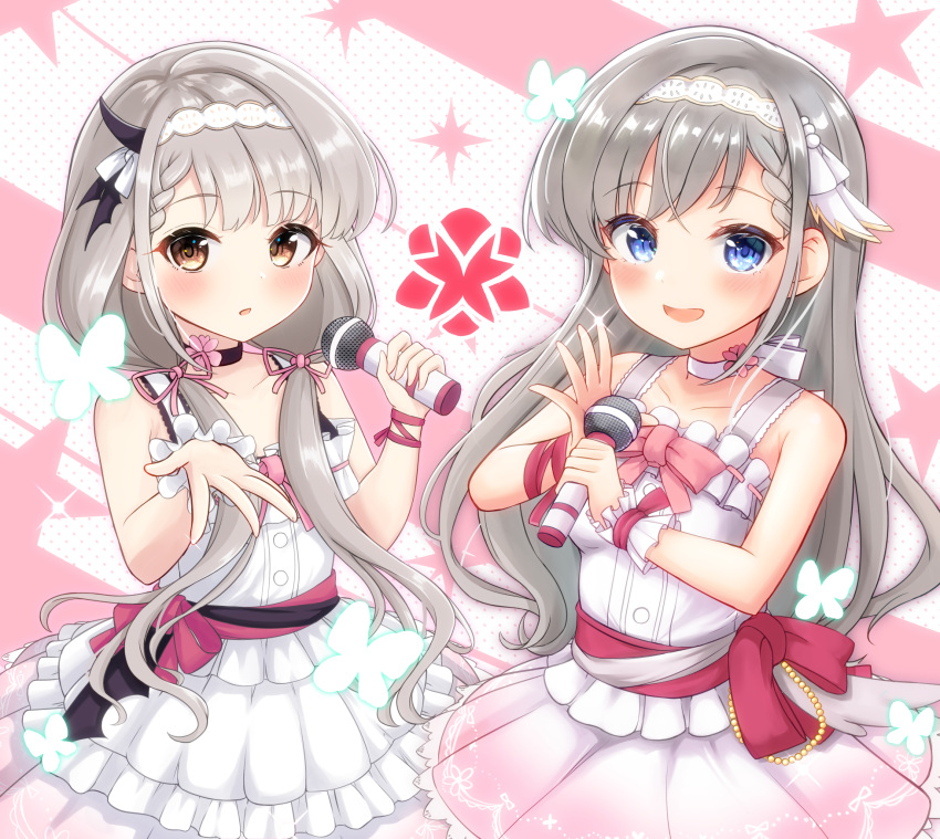 2girls :d bangs bare_shoulders blue_eyes blush braid braided_bangs breasts brown_eyes choker collarbone commentary_request cosplay dress eyebrows_visible_through_hair frilled_dress frills grey_hair hair_over_shoulder hair_ribbon hairband hands_up highres hisakawa_hayate hisakawa_nagi holding holding_microphone idolmaster idolmaster_cinderella_girls idolmaster_cinderella_girls_starlight_stage idolmaster_shiny_colors long_hair looking_at_viewer low_twintails medium_breasts microphone mitsumine_raimu multiple_girls oosaki_amana oosaki_tenka open_mouth parted_lips pink_ribbon pink_skirt pleated_dress pleated_skirt ribbon ribbon_trim siblings single_wrist_cuff sisters skirt sleeveless sleeveless_dress smile twins twintails very_long_hair white_choker white_dress white_hairband wrist_cuffs
