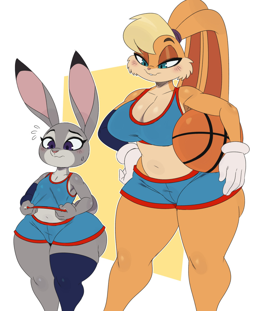 2021 absurd_res anthro ball basketball_(ball) basketball_uniform big_breasts blonde_hair blush bodily_fluids breast_size_difference breasts clothing crossover disney duo female gloves hair handwear hi_res judy_hopps lagomorph leporid lola_bunny looney_tunes mammal rabbit short_stack space_jam sportswear sssonic2 sweat sweatdrop thick_thighs uniform warner_brothers wide_hips zootopia