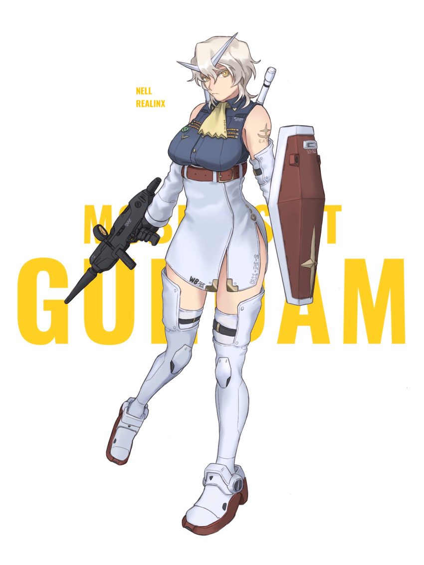 1girl ascot beam_rifle belt boots breasts bright_pupils brown_belt character_name chinese_commentary copyright_name energy_gun gun gundam high-waist_skirt highres holding holding_gun holding_shield holding_weapon jinri_shijie large_breasts mobile_suit_gundam platinum_blonde_hair rx-78-2 shield short_hair skirt solo thigh_boots thighhighs v-fin weapon white_footwear white_pupils white_skirt yellow_eyes yellow_neckwear