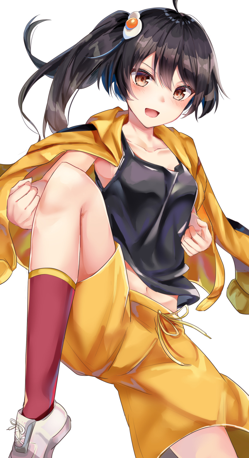 1girl :d absurdres ahoge araragi_karen black_eyes black_hair breasts calf_socks collarbone dhum2325 fighting_stance fried_egg hair_ornament highres hood hood_down hooded_track_jacket jacket jacket_on_shoulders leg_up long_hair midriff_peek monogatari_(series) multiple_girls navel open_mouth red_legwear shoes shorts side_ponytail simple_background small_breasts smile sneakers solo track_jacket v-shaped_eyebrows white_background white_footwear yellow_jacket yellow_shorts