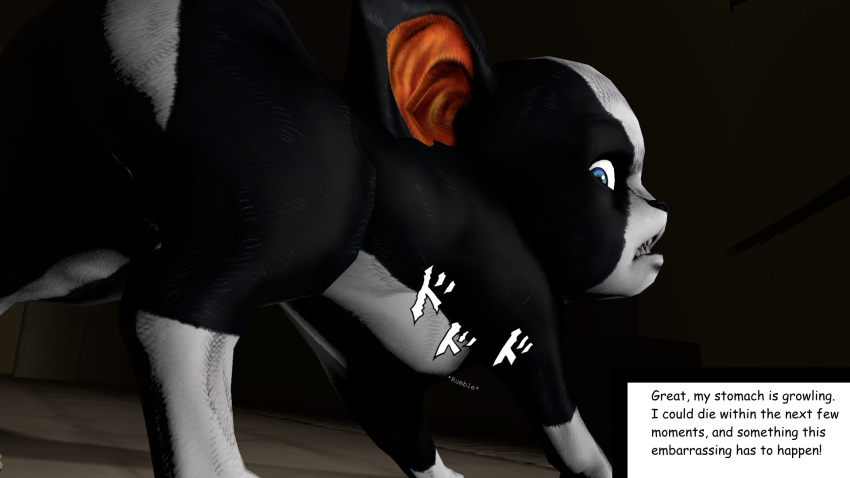 3d_(artwork) belly_noises black_body black_fur blue_eyes boston_terrier canid canine canis digital_media_(artwork) dinkydoo domestic_dog feral fur hi_res hunting_dog iggy_(jjba) imminent_vore jojo's_bizarre_adventure kanji male male/male mammal molosser small_molosser solo source_filmmaker terrier toy_dog white_body white_fur