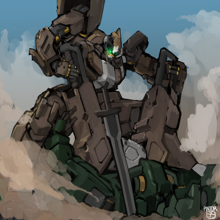 absurdres glowing glowing_eyes graze_(mobile_suit) green_eyes gundam gundam_gusion_rebake gundam_tekketsu_no_orphans highres holding holding_weapon looking_down mecha mobile_suit moku_(pintor09) no_humans science_fiction sky smoke weapon