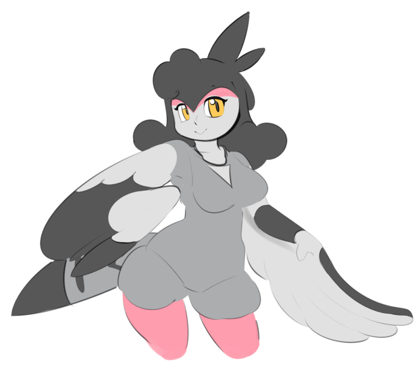 alternate_species alternate_version_at_source animal_humanoid avian avian_humanoid bird_humanoid black_hair breasts elpatrixf feathers female grey_body grey_feathers hair humanoid humanoidized nintendo pok&eacute;mon pok&eacute;mon_(species) pok&eacute;morph simple_background smile solo tranquill video_games white_background winged_arms wings yellow_eyes