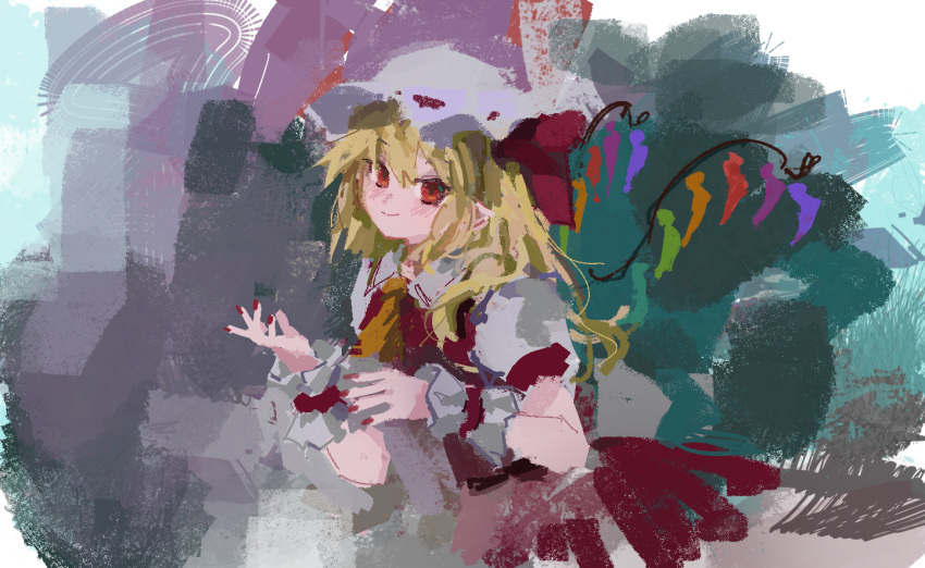 1girl abstract_background ascot bangs blonde_hair blush bow closed_mouth cowboy_shot crystal eyebrows_visible_through_hair flandre_scarlet hair_between_eyes hair_bow hat leaning_forward looking_at_viewer mob_cap multicolored multicolored_background one_side_up pointy_ears puffy_short_sleeves puffy_sleeves red_bow red_eyes red_skirt red_vest reddizen short_hair short_sleeves skirt skirt_set smile solo standing touhou vest white_headwear wings wrist_cuffs yellow_neckwear