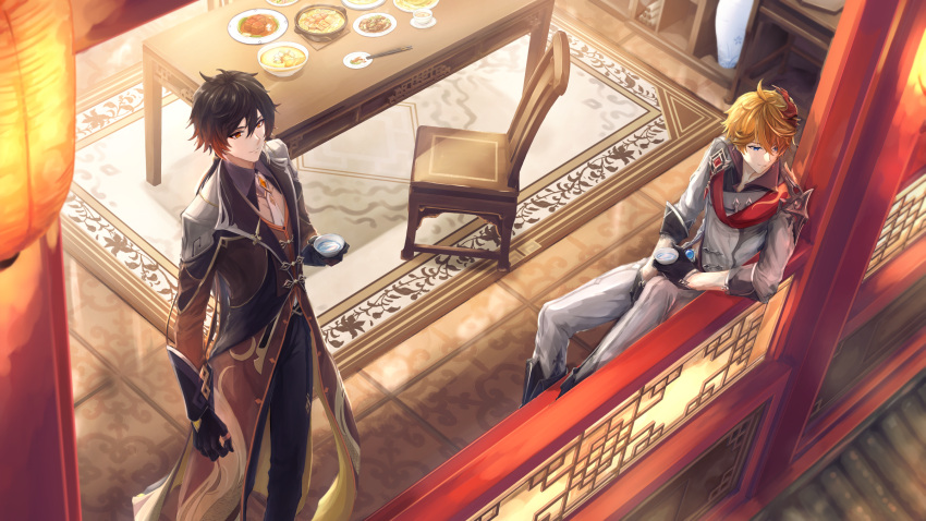 2boys bangs black_gloves black_hair blue_eyes brown_hair carpet chair chopsticks closed_mouth collared_shirt cup earrings eyeshadow food formal fuyuni0307 genshin_impact gloves gradient_hair hair_between_eyes highres holding holding_cup jacket jewelry lantern leaning_on_rail long_hair long_sleeves makeup male_focus mask mask_on_head meat multicolored_hair multiple_boys necktie orange_hair plate pot red_eyeshadow rtjc3847 shirt short_hair single_earring smile suit table tartaglia_(genshin_impact) tassel tassel_earrings thumb_ring utensil yellow_eyes zhongli_(genshin_impact)