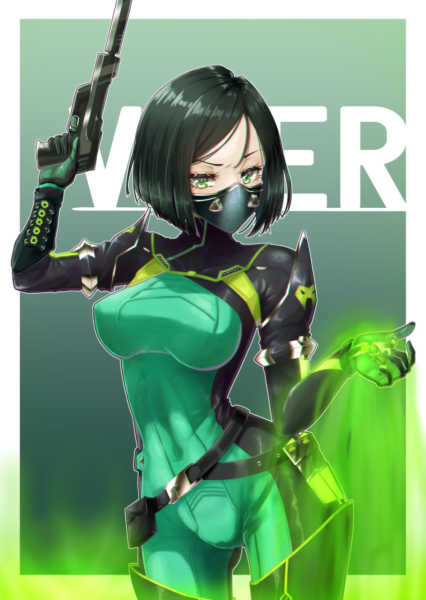 1girl belt black_belt black_hair bodysuit breasts character_name gas green_bodysuit green_eyes gun handgun highres holding holding_gun holding_weapon leaning_to_the_side mask medium_breasts mouth_mask open_hand pistol roro_rosset short_hair skin_tight solo suppressor valorant viper_(valorant) weapon