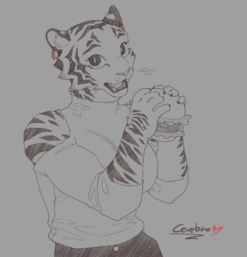 2021 anthro burger cerebropodrido eating esmeralda_(cerebro) fangs felid female food fur greyscale hi_res mammal monochrome pantherine shoulderless_shirt solo striped_body striped_fur stripes tiger