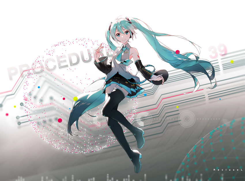 1girl 39 absurdres aqua_eyes aqua_hair aqua_nails aqua_neckwear artist_name bare_shoulders black_legwear black_skirt black_sleeves commentary detached_sleeves dots floating full_body graphic_equalizer grey_shirt hair_ornament hatsune_miku headphones highres light_smile lines long_hair looking_at_viewer miniskirt nail_polish necktie pleated_skirt recluseying39 shirt shoulder_tattoo skirt sleeveless sleeveless_shirt solo tattoo thighhighs twintails very_long_hair vocaloid zettai_ryouiki