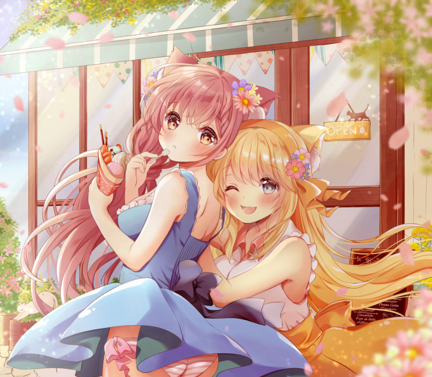 2girls ;d animal_ear_fluff animal_ears bangs bare_shoulders blonde_hair blue_dress blue_eyes blush breasts cat cat_ears collared_shirt commentary_request day dress eyebrows_visible_through_hair fang flower food hair_flower hair_ornament hairband holding holding_food holding_spoon ice_cream ice_cream_cone ice_cream_spoon leaning_on_person long_hair medium_breasts multiple_girls one_eye_closed open_mouth open_sign orange_eyes orange_skirt original outdoors panties petals plant ponytail potted_plant red_hair sakura_(ichisakupink) shirt skirt sleeveless sleeveless_dress sleeveless_shirt smile spoon standing storefront striped striped_panties underwear very_long_hair white_panties white_shirt