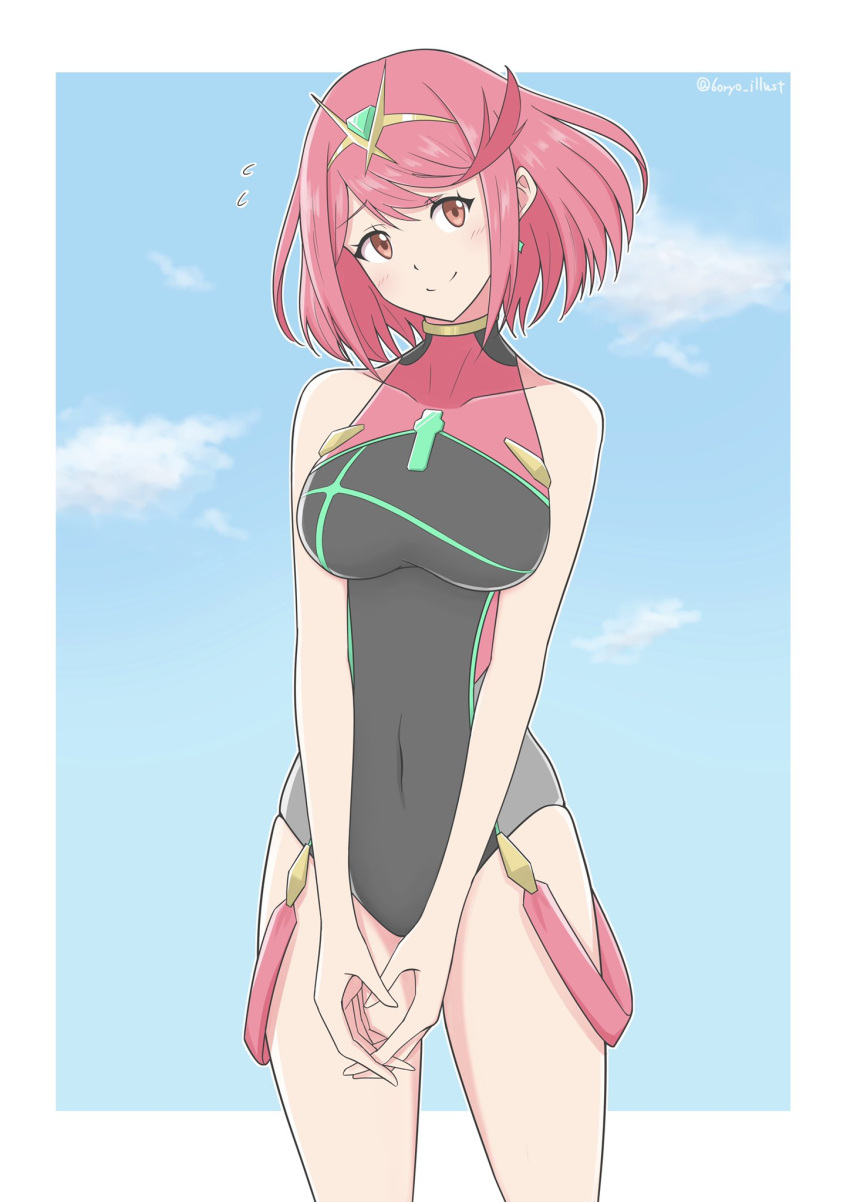 1girl bangs bare_arms bare_shoulders black_swimsuit blush breasts chest_jewel competition_swimsuit covered_navel cowboy_shot earrings highres jewelry one-piece_swimsuit pyra_(pro_swimmer)_(xenoblade) red_eyes red_hair short_hair smile solo swept_bangs swimsuit tiara xenoblade_chronicles_(series) xenoblade_chronicles_2