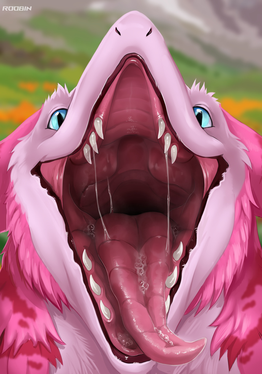 absurd_res anthro blue_eyes bodily_fluids fur hi_res male open_mouth pink_body pink_fur red_stripes roobin saliva sergal solo stripes taffy_(rufinox) teeth tongue vore