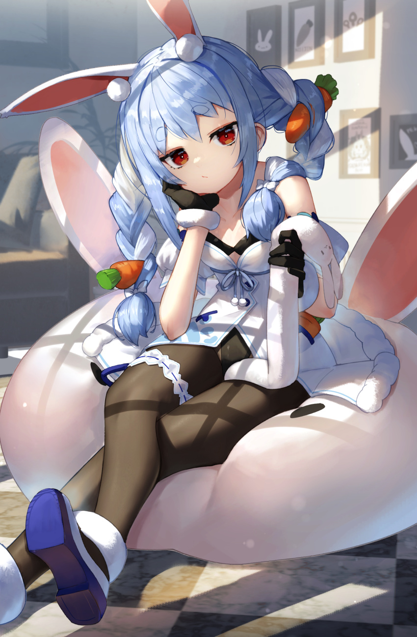 1girl absurdres animal animal_ear_fluff animal_ears bangs bare_shoulders black_gloves black_legwear black_leotard blue_hair blush braid bunny bunny_ears carrot_hair_ornament closed_mouth coat commentary detached_sleeves don-chan_(usada_pekora) eyebrows_behind_hair food_themed_hair_ornament full_body fur-trimmed_coat fur-trimmed_gloves fur_scarf fur_trim garters gloves hair_between_eyes hair_ornament highres hikimayu hololive leotard leotard_under_clothes long_hair looking_at_viewer multicolored_hair orange_eyes pantyhose playboy_bunny puffy_short_sleeves puffy_sleeves scarf shoes short_eyebrows short_sleeves single_garter strapless strapless_coat strapless_leotard sukocchi thick_eyebrows twin_braids twintails two-tone_hair usada_pekora virtual_youtuber white_coat white_footwear white_hair white_scarf white_sleeves