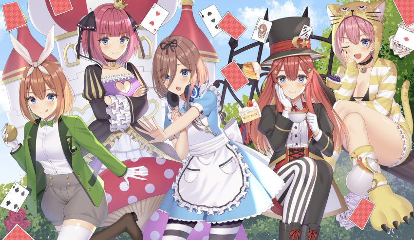 5girls :q animal_ears animal_hood apron back_bow bangs bell black_jacket black_legwear black_ribbon blue_eyes blue_sky blunt_bangs blush boots bow bowtie breasts brown_footwear brown_hair butterfly_hair_ornament cake card castle cat_ears cat_hood cat_paws cat_tail choker cleavage cleavage_cutout closed_mouth clothing_cutout cloud collarbone collared_shirt commentary_request crossed_arms crossed_legs crown cup cupcake dress eyebrows_visible_through_hair eyes_visible_through_hair floating_card flower food gloves go-toubun_no_hanayome green_bow green_jacket green_neckwear grey_shorts hair_between_eyes hair_ornament hair_ribbon hand_on_own_cheek hand_on_own_face hat hat_ribbon headphones headphones_around_neck heart highres holding holding_cup hood horizontal_stripes izumo_neru jacket jingle_bell joker_(card) juliet_sleeves key key_necklace legs legs_together long_hair long_sleeves looking_at_viewer maid_apron mini_crown multicolored multicolored_background multiple_girls nakano_ichika nakano_itsuki nakano_miku nakano_nino nakano_yotsuba neck_bell one_eye_closed open_mouth outdoors outstretched_arm pancake paws pink_hair playing_card pocket_watch puffy_short_sleeves puffy_sleeves quintuplets red_flower red_hair red_rose ribbon rose running shirt short_hair short_sleeves shorts sitting sky smile stack_of_pancakes standing star_(symbol) star_hair_ornament striped striped_legwear tail teacup teapot thighs tongue tongue_out top_hat watch white_apron white_bow white_flower white_gloves white_ribbon white_rose white_shirt
