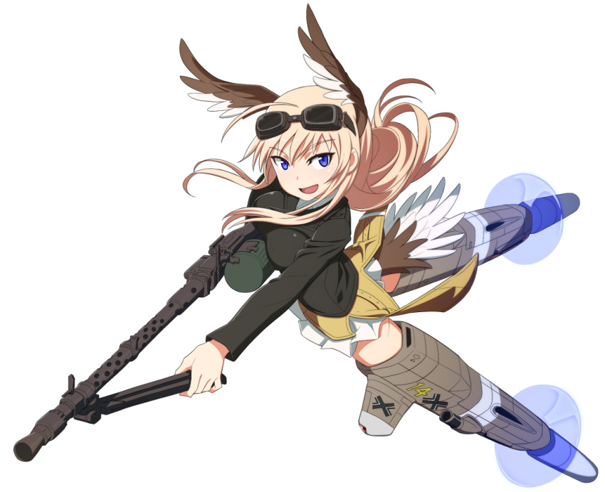 1girl animal_ears bangs bird_ears bird_tail black_jacket blonde_hair blue_eyes commentary eyebrows_visible_through_hair flying goggles goggles_on_head gun hanna-justina_marseille holding holding_gun holding_weapon jacket long_hair long_sleeves looking_at_viewer machine_gun mg34 military military_uniform miniskirt nanashino open_mouth pleated_skirt simple_background skirt smile solo strike_witches striker_unit tail uniform weapon white_background white_skirt wind world_witches_series