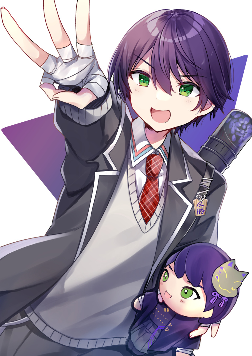 1boy :d absurdres bandaged_hands bandages bangs black_jacket black_pants blazer blush character_doll collared_shirt commentary_request eyebrows_visible_through_hair foreshortening green_eyes grey_sweater hair_between_eyes highres jacket kenmochi_touya male_focus middle_w minami_saki necktie nijisanji open_blazer open_clothes open_jacket open_mouth outstretched_arm pants plaid_neckwear purple_eyes red_neckwear shirt smile solo sweater w white_background white_shirt