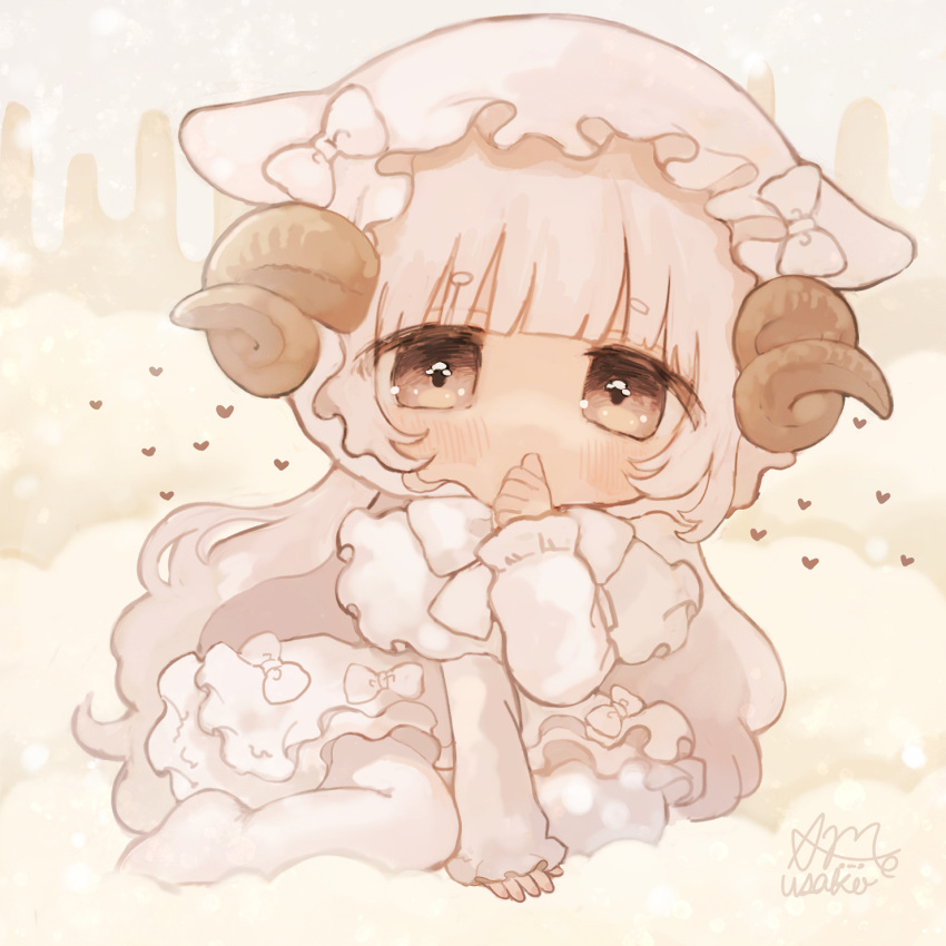 1girl ame_usako animal_ears animal_hat arm_support bangs banned_artist blush bow brown_eyes capelet chibi commentary_request curled_horns dress eyebrows_visible_through_hair fake_animal_ears full_body hat heart highres horns long_hair long_sleeves looking_at_viewer original pantyhose sheep_horns short_eyebrows signature sitting sleeves_past_wrists solo thick_eyebrows very_long_hair wariza white_bow white_capelet white_dress white_hair white_headwear white_legwear