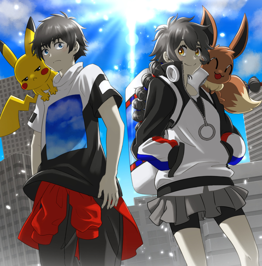 1boy 1girl bangs bike_shorts black_hair brown_eyes building closed_mouth clothes_around_waist cloud commentary_request day eevee from_below gen_1_pokemon gotcha! gotcha!_boy_(pokemon) gotcha!_girl_(pokemon) grey_skirt hands_in_pockets highres jacket knees lens_flare long_hair multi-tied_hair on_shoulder outdoors pants pikachu pokemon pokemon_(creature) pokemon_on_shoulder ria_(mari1101) shirt short_hair short_sleeves skirt sky smile sun zipper