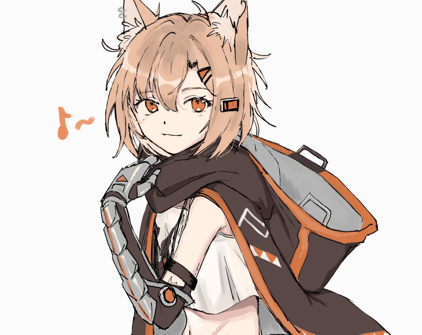 1girl animal_ear_fluff animal_ears arknights bangs brown_cape brown_hair cape closed_mouth commentary_request crop_top eyebrows_visible_through_hair fox_ears fox_girl hair_between_eyes hair_ornament hairclip hand_up highres hood hooded_cape light_smile looking_at_viewer mechanical_arms midriff orange_eyes short_hair simple_background single_mechanical_arm solo us_(ycas_sbr) vermeil_(arknights) white_background