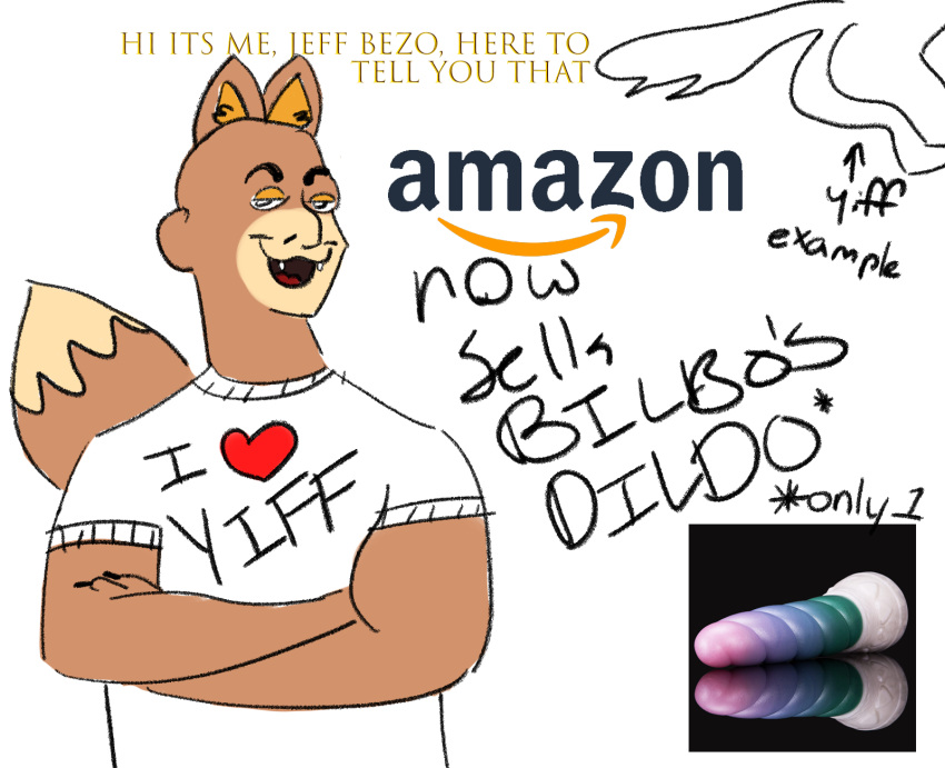 &lt;3 amazon_(company) anthro bad_dragon bedroom_eyes cinimin_(artist) clothing crossed_arms dildo dipstick_tail hi_res humanoid humor jeff_bezos logo male meme multicolored_tail narrowed_eyes photo seductive sex_toy shirt shitpost simple_background solo t-shirt text topwear white_background