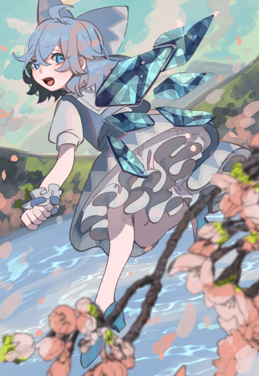 1girl absurdres blouse blue_dress blue_eyes blue_hair blue_ribbon bow cherry_blossoms cirno commentary_request dress dress_shirt flower frilled_skirt frills gensoukyou hair_bow highres ice ice_wings lake landscape misty_lake nature petals pink_flower puffy_short_sleeves puffy_sleeves ribbon scenery shi_chimi shirt short_hair short_sleeves skirt smile solo spring_(season) touhou tree_branch white_blouse white_shirt wings